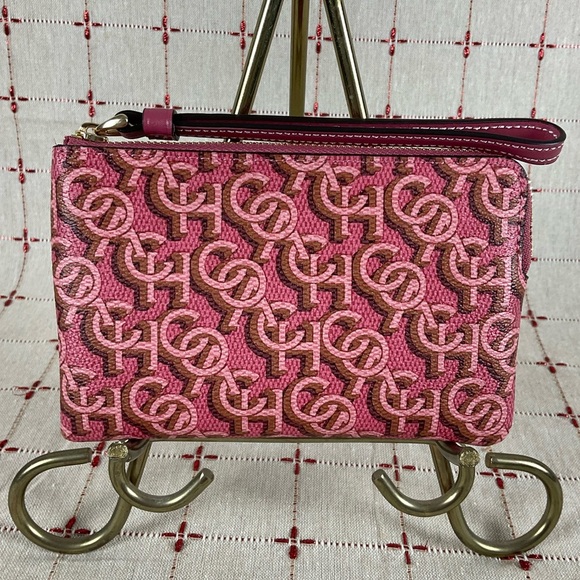 COACH Canvas & Leather Corner Zip Wristlet Small Wallet Clutch CF548 Pink Gold - Picture 2 of 5